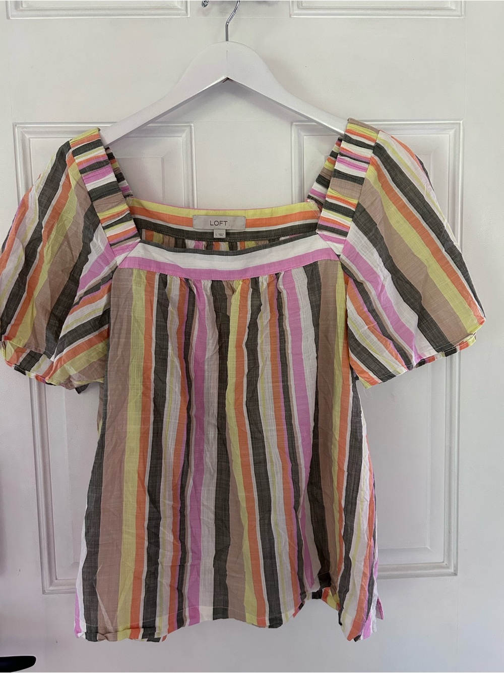 LOFT Striped Square-Neck Puff Sleeve Top in Pink, Yellow & Olive